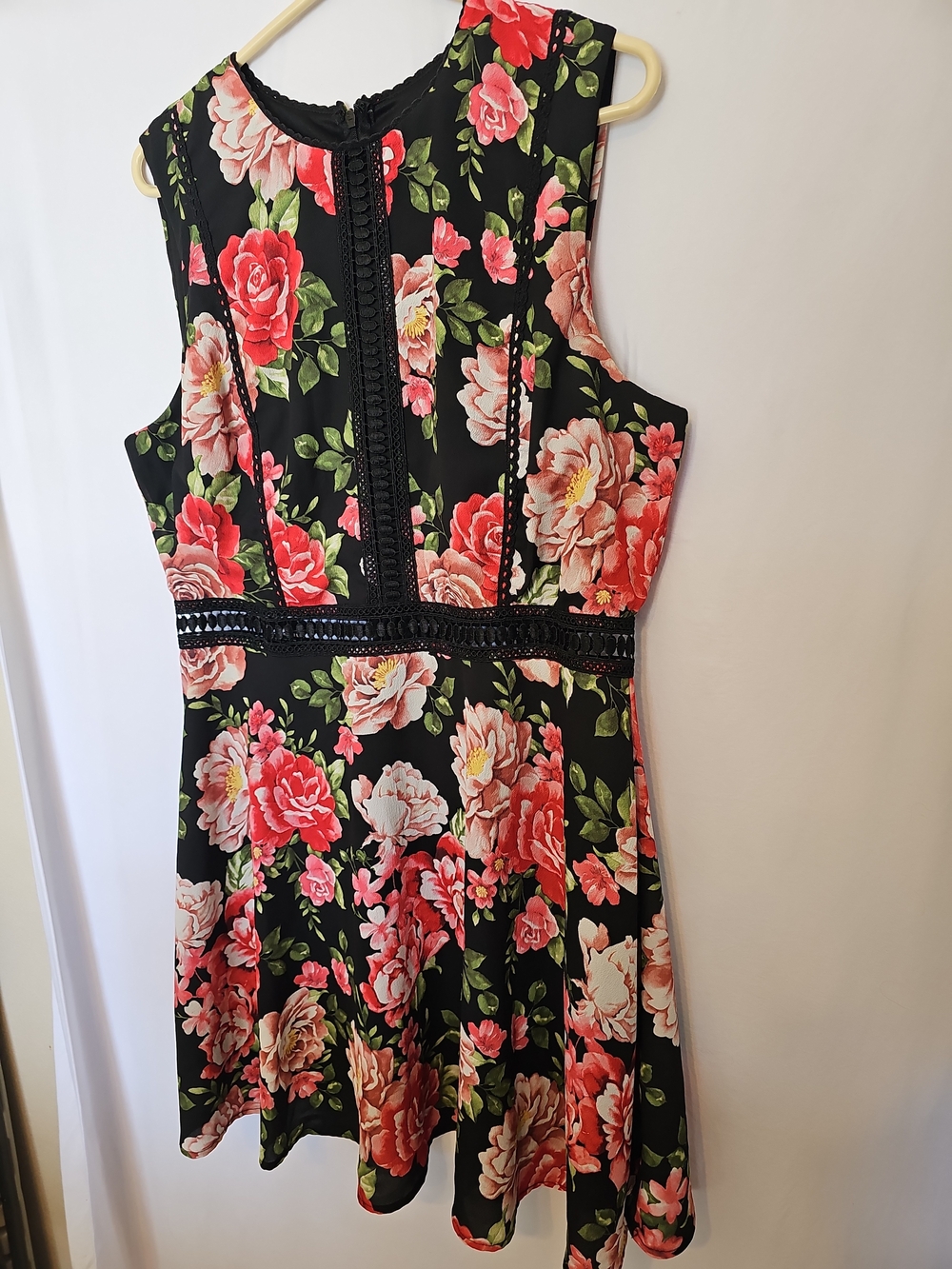 Disney Princess Black Floral Fit & Flare Dress XL Lace Trim Rose Print